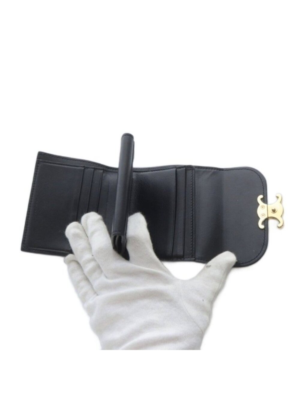 Celine Small Flap Wallet Triomphe Shiny Calfskin Trifold Black - Picture 4 of 8